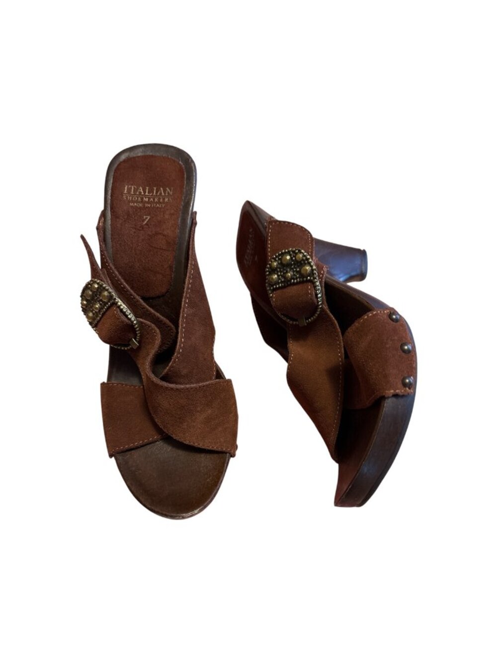 Italian Shoemakers Brown Leather Suede Wedge Mule Sandals Size 7